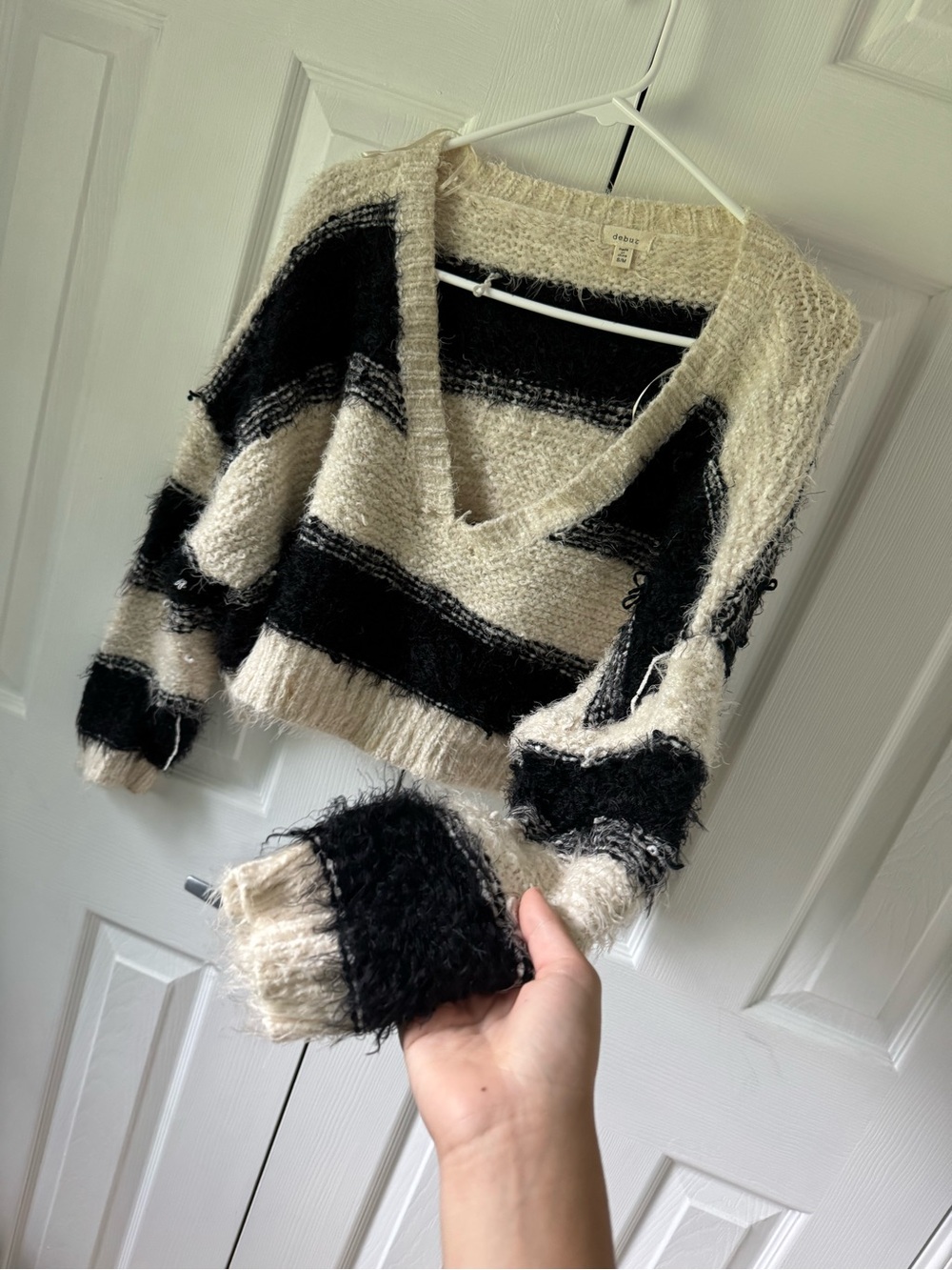 debut Black & Cream Striped V-Neck Sweater